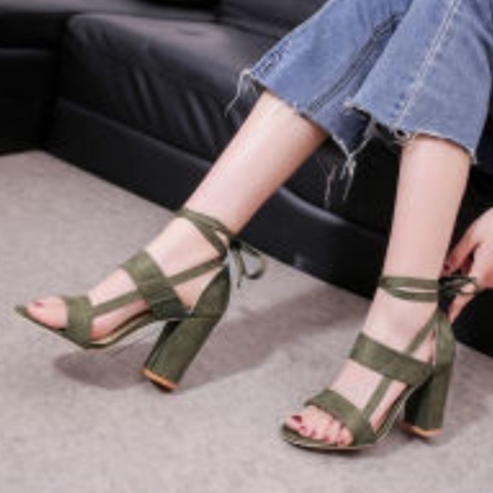 Tie-Ankle Olive Green Block Heel Sandals